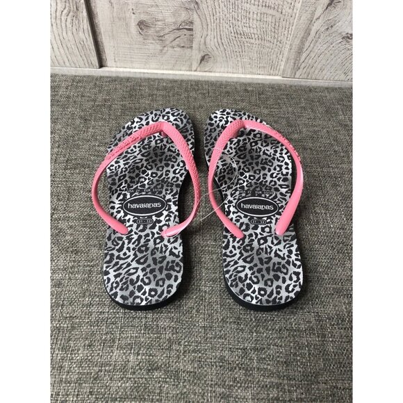 Havaianas Girls Size 2 Youth Flip Flops Black White Pink Leopard Print Sandals - Picture 3 of 7